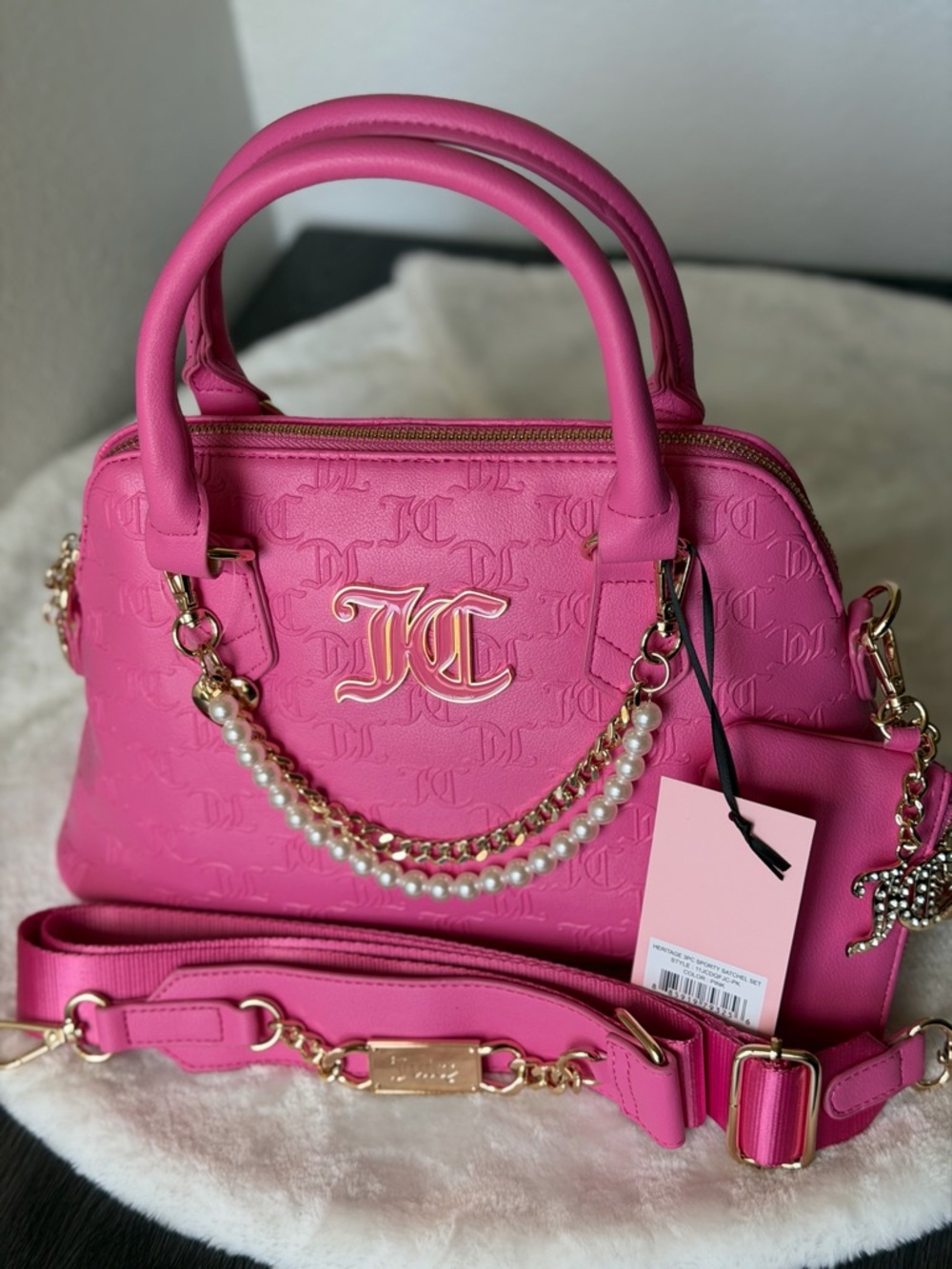 Juicy Couture Heritage Sporty Satchel Tote Bag Hot Pink Pearl Charm Crossbody